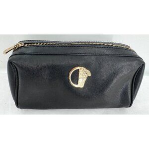 Vintage Y2K Versace Black Leather Gold Medusa Logo Zip Toiletry Bag Clutch Case
